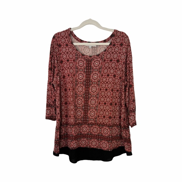 Rose + Olive boho print top size 1x 3/4 sleeve faux layer bottom - Picture 1 of 7
